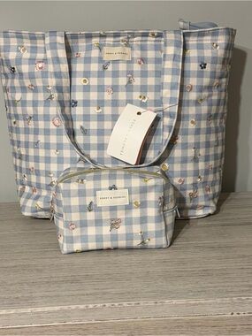 Poppy & Peonies Blue Gingham Floral Tote Bag with Pouch